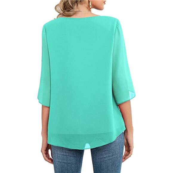 Womens Casual Scoop Neck Loose Top 3/4 Sleeve Chiffon Blouse Shirt Tops - Picture 4 of 5